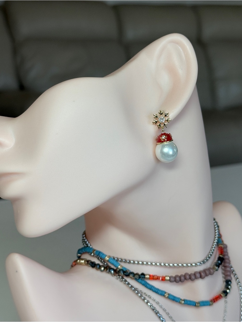 S925 Gold Pearl Drop Earrings With Red Enamel and Clear Zirconia